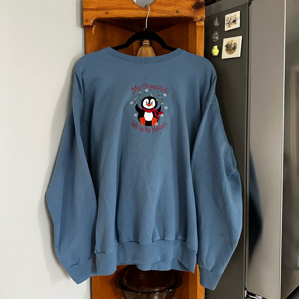 Vintage Blue Penguin Embroidered Granny Sweatshirt